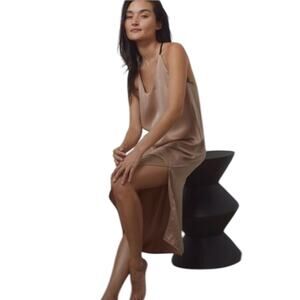 Lunya Washable Mulberry Silk Otium Tan Immersed Black Strap Slip Dress Size L